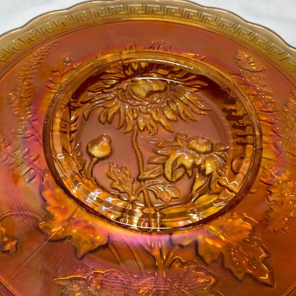 Imperial Carnival Glass Marigold Plate With Sunflower Design & Scalloped Edge - Picture 8 of 10